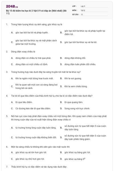 Bộ 15 đề kiểm tra học kì 2 Vật lí 9 có đáp án (Mới nhất) (Đề 11)
