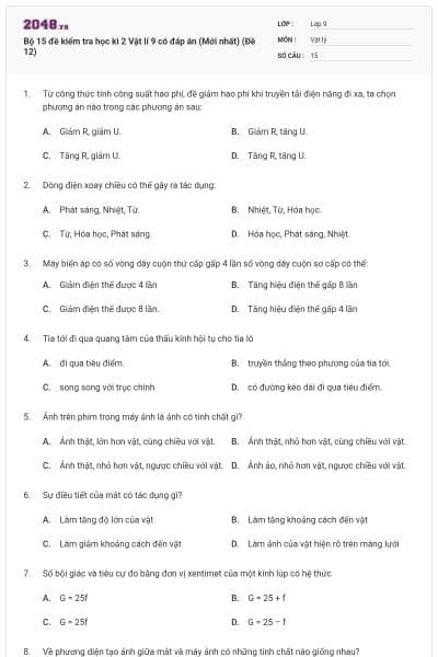 Bộ 15 đề kiểm tra học kì 2 Vật lí 9 có đáp án (Mới nhất) (Đề 12)