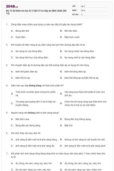 Bộ 15 đề kiểm tra học kì 2 Vật lí 9 có đáp án (Mới nhất) (Đề 15)