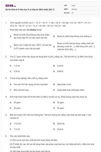 Đề thi Giữa kì II Hóa học 8 có đáp án (Mới nhất) (Đề 7)