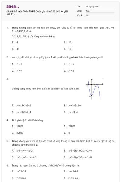 Đề thi thử môn Toán THPT Quốc gia năm 2022 có lời giải (Đề 21)