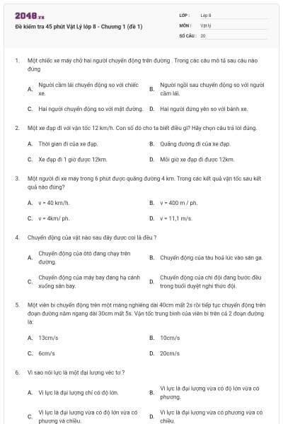 Đề kiểm tra 45 phút Vật Lý lớp 8 - Chương 1 (đề 1)