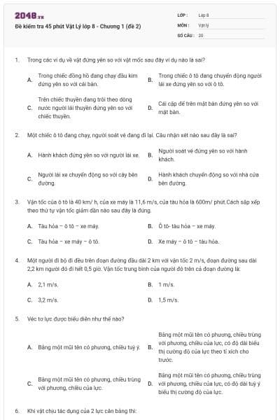 Đề kiểm tra 45 phút Vật Lý lớp 8 - Chương 1 (đề 2)
