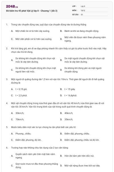 Đề kiểm tra 45 phút Vật Lý lớp 8 - Chương 1 (đề 3)