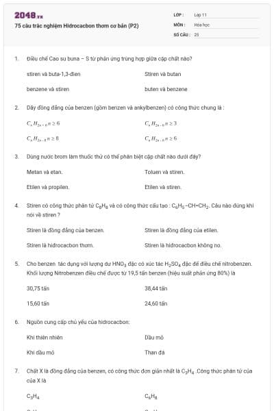75 câu trắc nghiệm Hidrocacbon thơm cơ bản (P2)