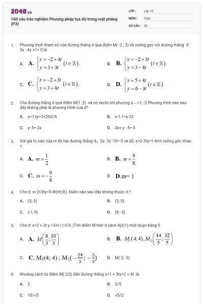 160 câu trắc nghiệm Phương pháp tọa độ trong mặt phẳng (P3)