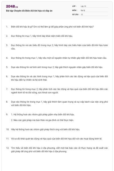 Bài tập Chuyên đề Biến đổi khí hậu có đáp án