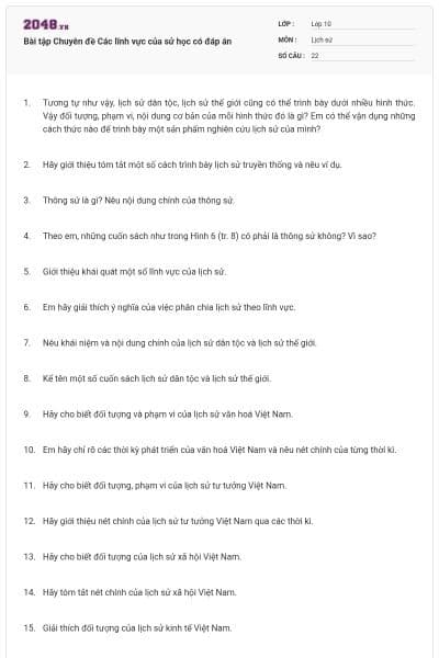 Bài tập Chuyên đề Các lĩnh vực của sử học có đáp án