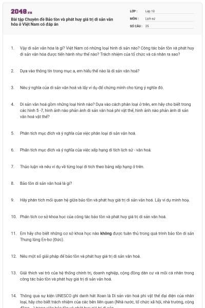Bài tập Chuyên đề Bảo tồn và phát huy giá trị di sản văn hóa ở Việt Nam có đáp án