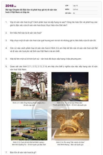 Bài tập Chuyên đề Bảo tồn và phát huy giá trị di sản văn hoá ở Việt Nam có đáp án
