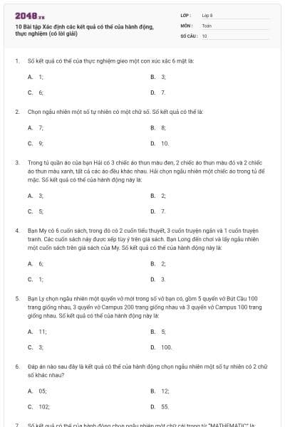10 Bài tập Xác định các kết quả có thể của hành động, thực nghiệm (có lời giải)