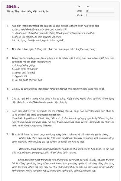 Bài tập Thực hành tiếng Việt có đáp án