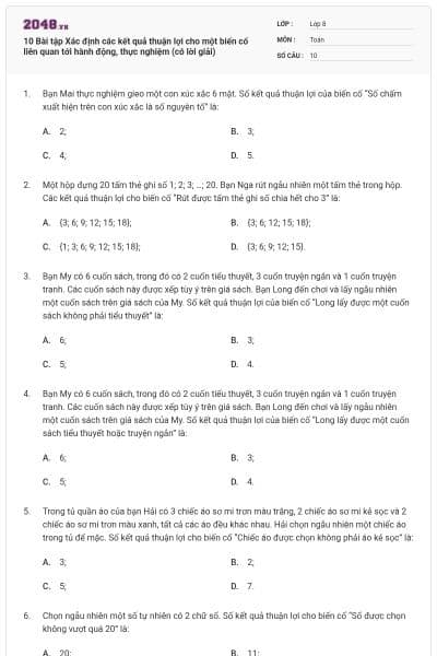 10 Bài tập Xác định các kết quả thuận lợi cho một biến cố liên quan tới hành động, thực nghiệm (có lời giải)