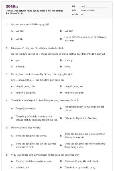10 câu Trắc nghiệm Khoa học tự nhiên 8 Kết nối tri thức Bài 18 có đáp án