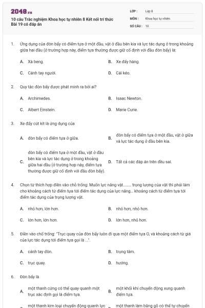 10 câu Trắc nghiệm Khoa học tự nhiên 8 Kết nối tri thức Bài 19 có đáp án