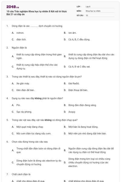 10 câu Trắc nghiệm Khoa học tự nhiên 8 Kết nối tri thức Bài 21 có đáp án