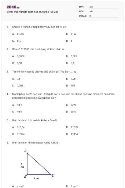 Đề thi trắc nghiệm Toán học kì 2 lớp 5 (Đề 28)