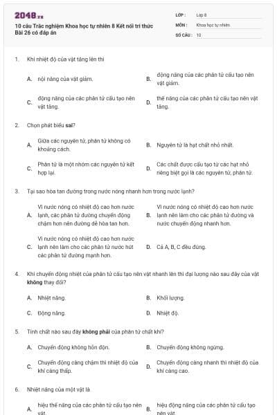 10 câu Trắc nghiệm Khoa học tự nhiên 8 Kết nối tri thức Bài 26 có đáp án