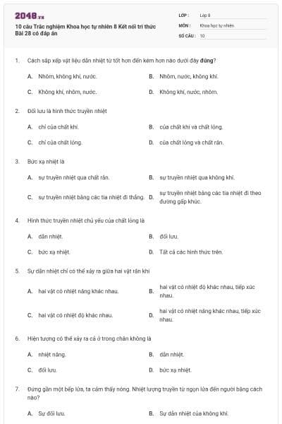 10 câu Trắc nghiệm Khoa học tự nhiên 8 Kết nối tri thức Bài 28 có đáp án