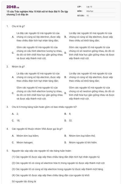 15 câu Trắc nghiệm Hóa 10 Kết nối tri thức Bài 9: Ôn tập chương 2 có đáp án