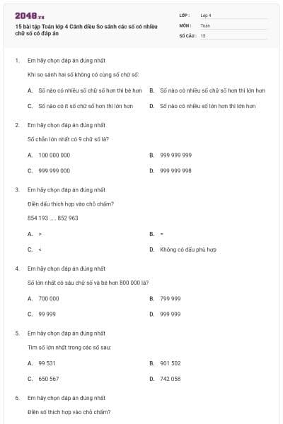 15 bài tập Toán lớp 4 Cánh diều So sánh các số có nhiều chữ số có đáp án