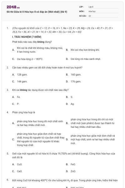 Đề thi Giữa kì II Hóa học 8 có đáp án (Mới nhất) (Đề 9)