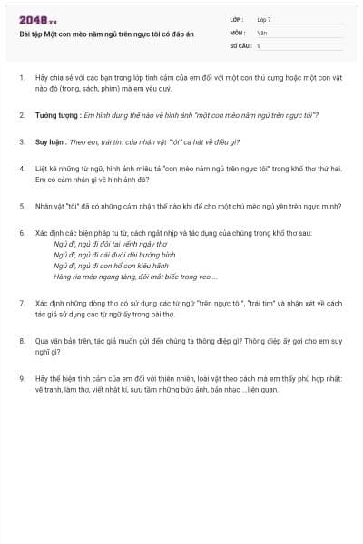 Bài tập Một con mèo nằm ngủ trên ngực tôi có đáp án