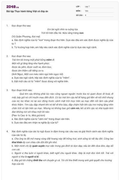 Bài tập Thực hành tiếng Việt có đáp án