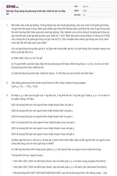 Bài tập Ứng dụng hệ phương trình bậc nhất ba ẩn có đáp án