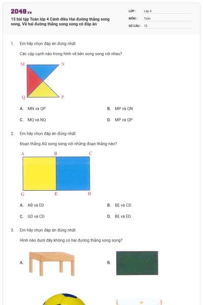 15 bài tập Toán lớp 4 Cánh diều Hai đường thẳng song song. Vẽ hai đường thẳng song song có đáp án