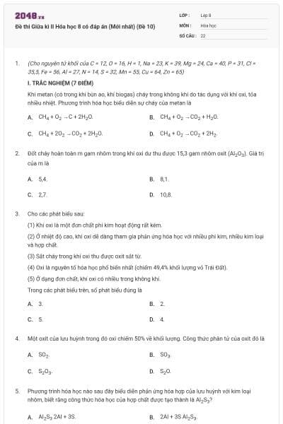 Đề thi Giữa kì II Hóa học 8 có đáp án (Mới nhất) (Đề 10)