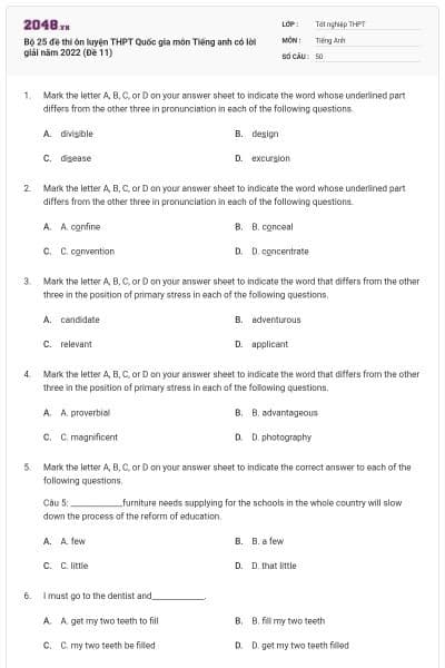 Bộ 25 đề thi ôn luyện THPT Quốc gia môn Tiếng anh có lời giải năm 2022 (Đề 11)
