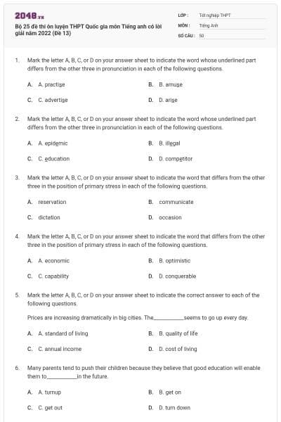 Bộ 25 đề thi ôn luyện THPT Quốc gia môn Tiếng anh có lời giải năm 2022 (Đề 13)