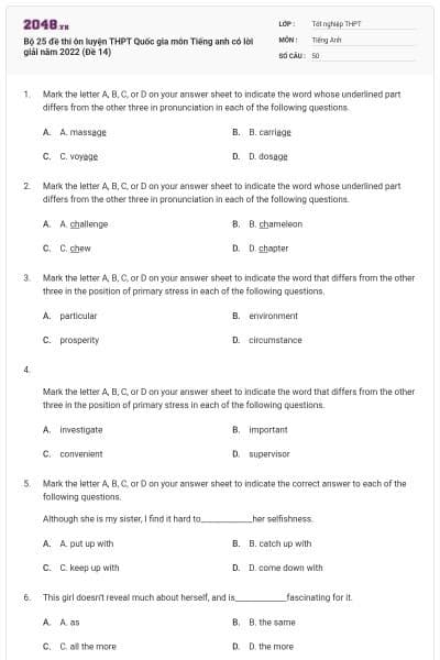 Bộ 25 đề thi ôn luyện THPT Quốc gia môn Tiếng anh có lời giải năm 2022 (Đề 14)