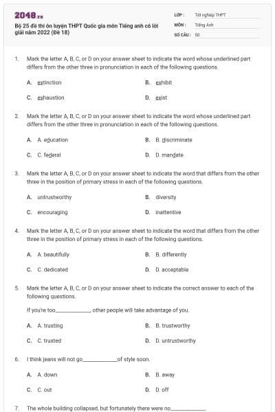 Bộ 25 đề thi ôn luyện THPT Quốc gia môn Tiếng anh có lời giải năm 2022 (Đề 18)