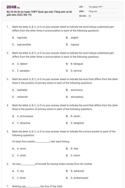 Bộ 25 đề thi ôn luyện THPT Quốc gia môn Tiếng anh có lời giải năm 2022 (Đề 19)
