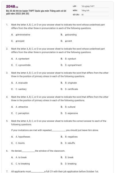 Bộ 25 đề thi ôn luyện THPT Quốc gia môn Tiếng anh có lời giải năm 2022 (Đề 20)