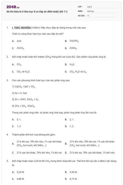 Đề thi Giữa kì II Hóa học 8 có đáp án (Mới nhất) (Đề 11)