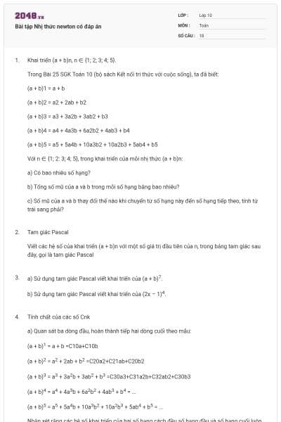 Bài tập Nhị thức newton có đáp án
