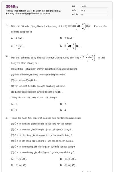 12 câu Trắc nghiệm Vật lí 11 Chân trời sáng tạo Bài 2. Phương trình dao động điều hoà có đáp án