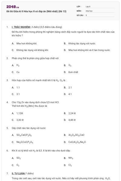 Đề thi Giữa kì II Hóa học 8 có đáp án (Mới nhất) (Đề 13)