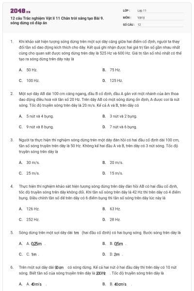 12 câu Trắc nghiệm Vật lí 11 Chân trời sáng tạo Bài 9. sóng dừng có đáp án