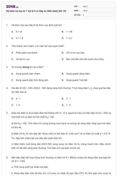 Đề kiểm tra học kì 1 Vật lý 9 có đáp án (Mới nhất) (Đề 10)