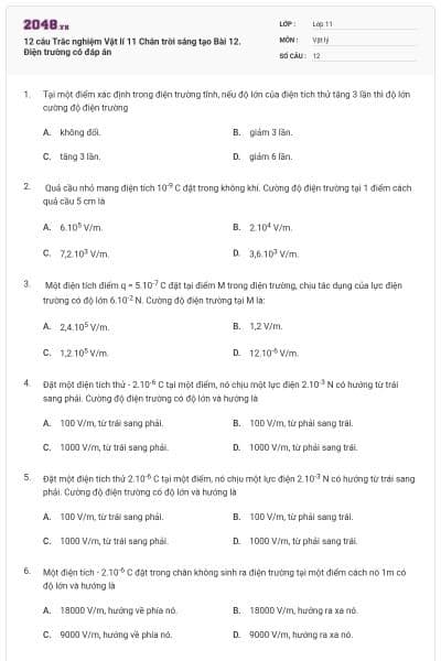 12 câu Trắc nghiệm Vật lí 11 Chân trời sáng tạo Bài 12. Điện trường có đáp án