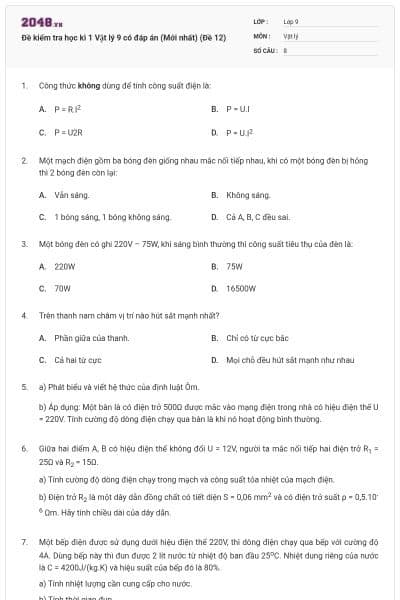 Đề kiểm tra học kì 1 Vật lý 9 có đáp án (Mới nhất) (Đề 12)