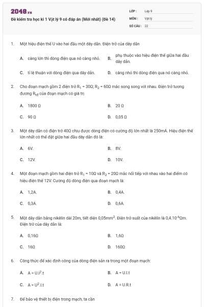 Đề kiểm tra học kì 1 Vật lý 9 có đáp án (Mới nhất) (Đề 14)