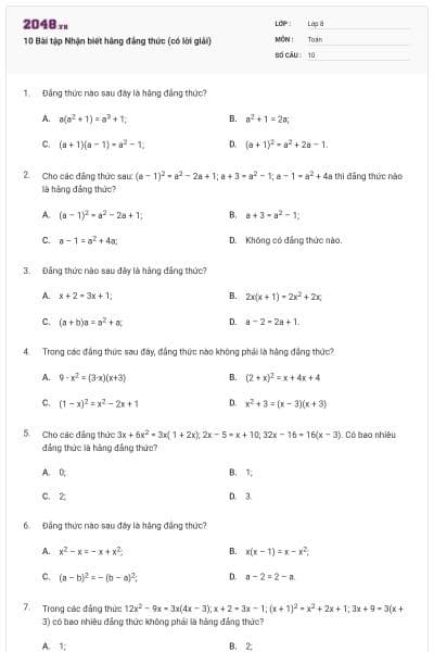 10 Bài tập Nhận biết hằng đẳng thức (có lời giải)
