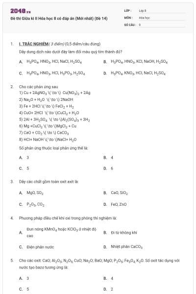 Đề thi Giữa kì II Hóa học 8 có đáp án (Mới nhất) (Đề 14)