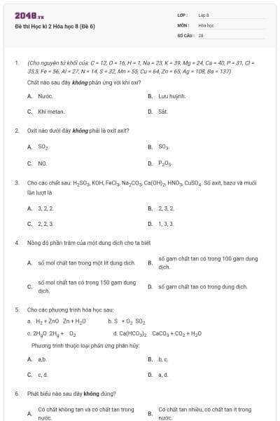 Đề thi Học kì 2 Hóa học 8 (Đề 6)