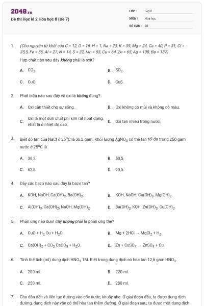 Đề thi Học kì 2 Hóa học 8 (Đề 7)